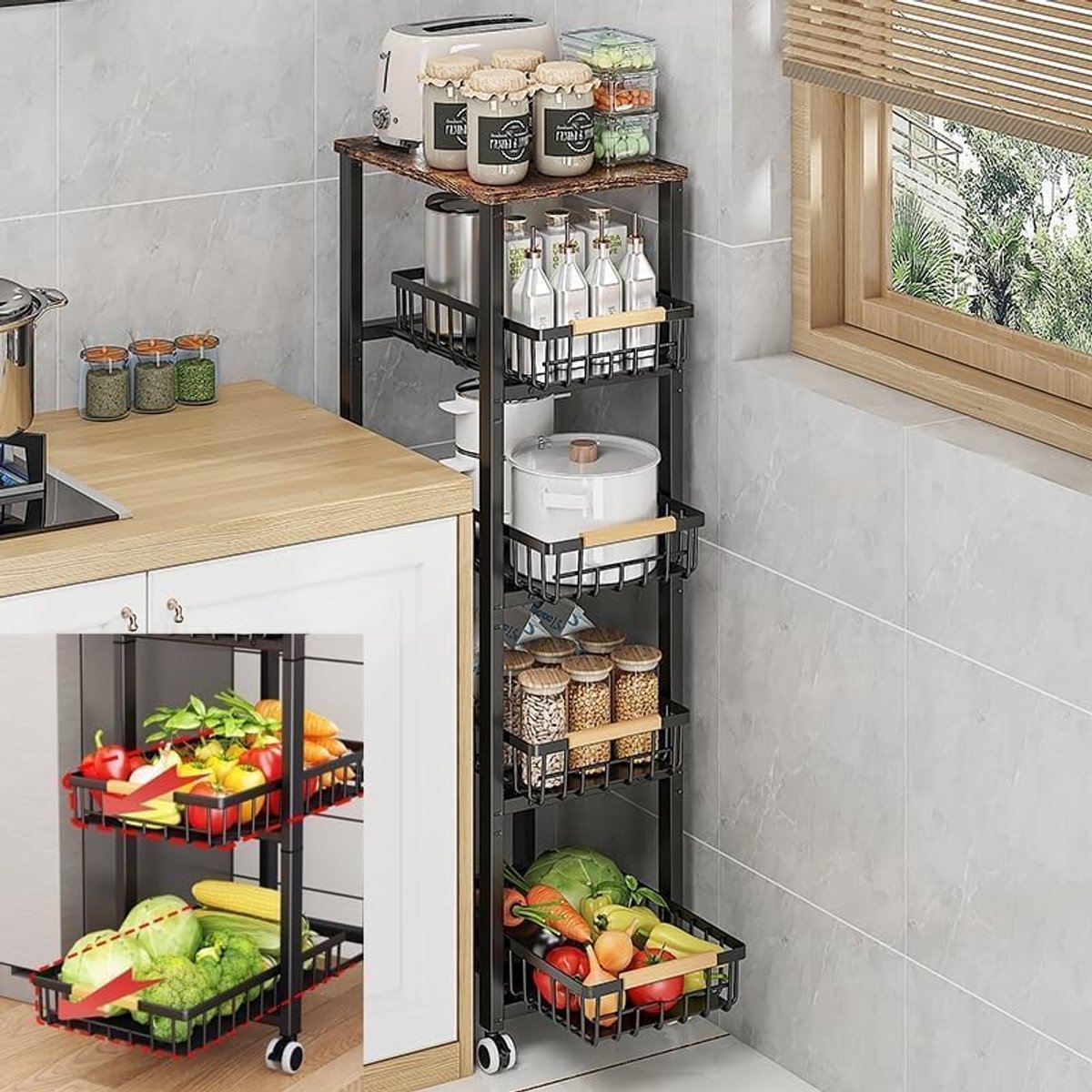Metalen draadmanden met wieltjes, stapelbare manden voor het opbergen van groenten en fruit in de keuken, met afneembare houten handgrepen, verschuifbare bodem, voor badkamer, garage en