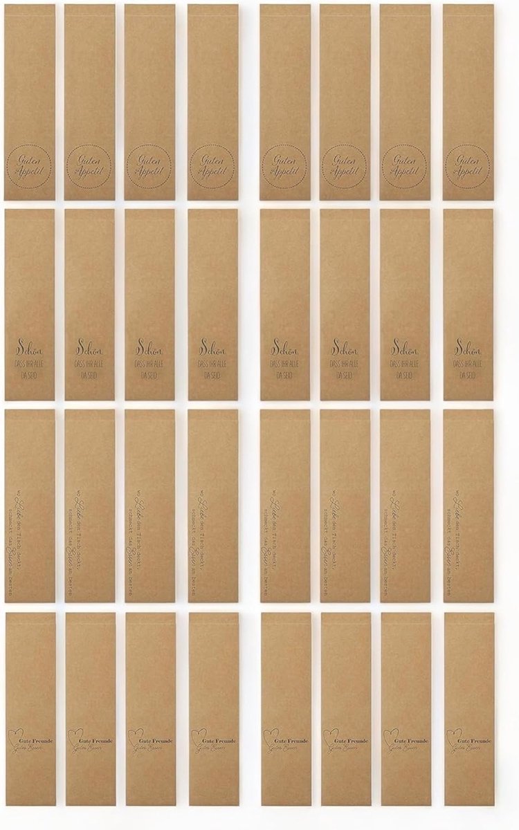 Bestekzakjes Set: Bestekzakken gemaakt van natuurkleurig kraftpapier, met opbeurende teksten – Voor bruiloft, verjaardag, dinerfeestje & speciale gelegenheden, 26,5 x 7 cm (Tekst Zwart, 32