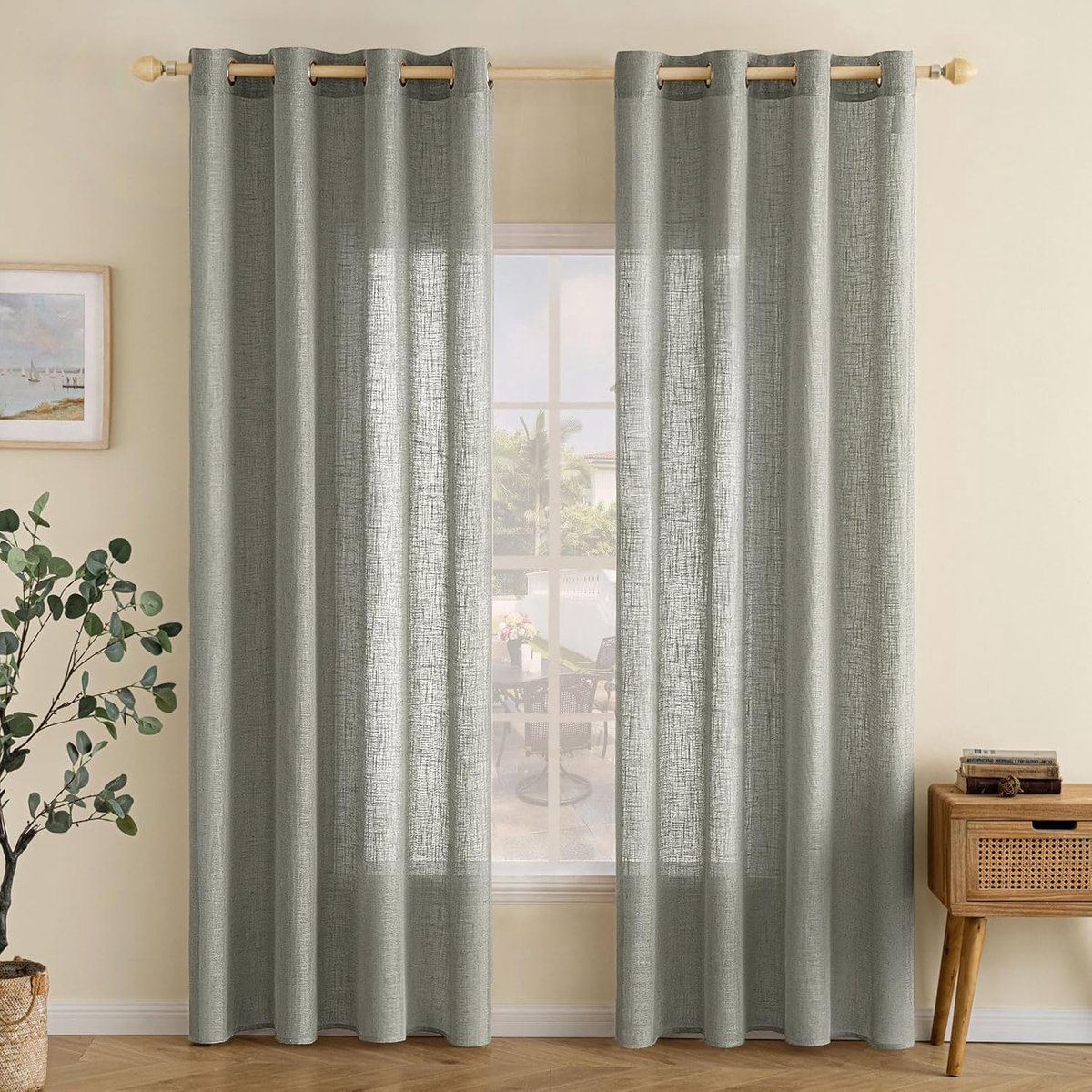 Gordijnen, linnen, gordijn met oogjes, voile, linnenlook, modern, semi-transparant, voor woonkamer, decoratief, kinderkamer, lusgordijn, keukengordijnen, set van 2, 140 x 225 cm (b x h