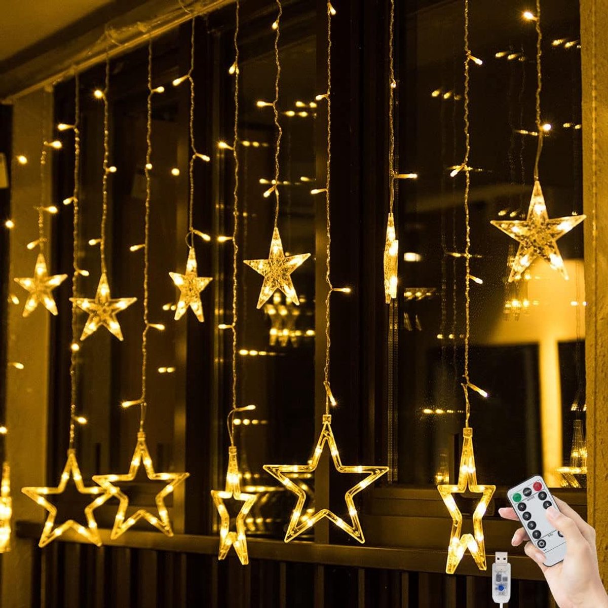 Lichtgordijn, 12 sterren, 2 m x 1 m, kerstverlichting, raam, binnen, lichtketting, met timer, USB, warmwit, ledsterrengordijn, kort, kerstdecoratie