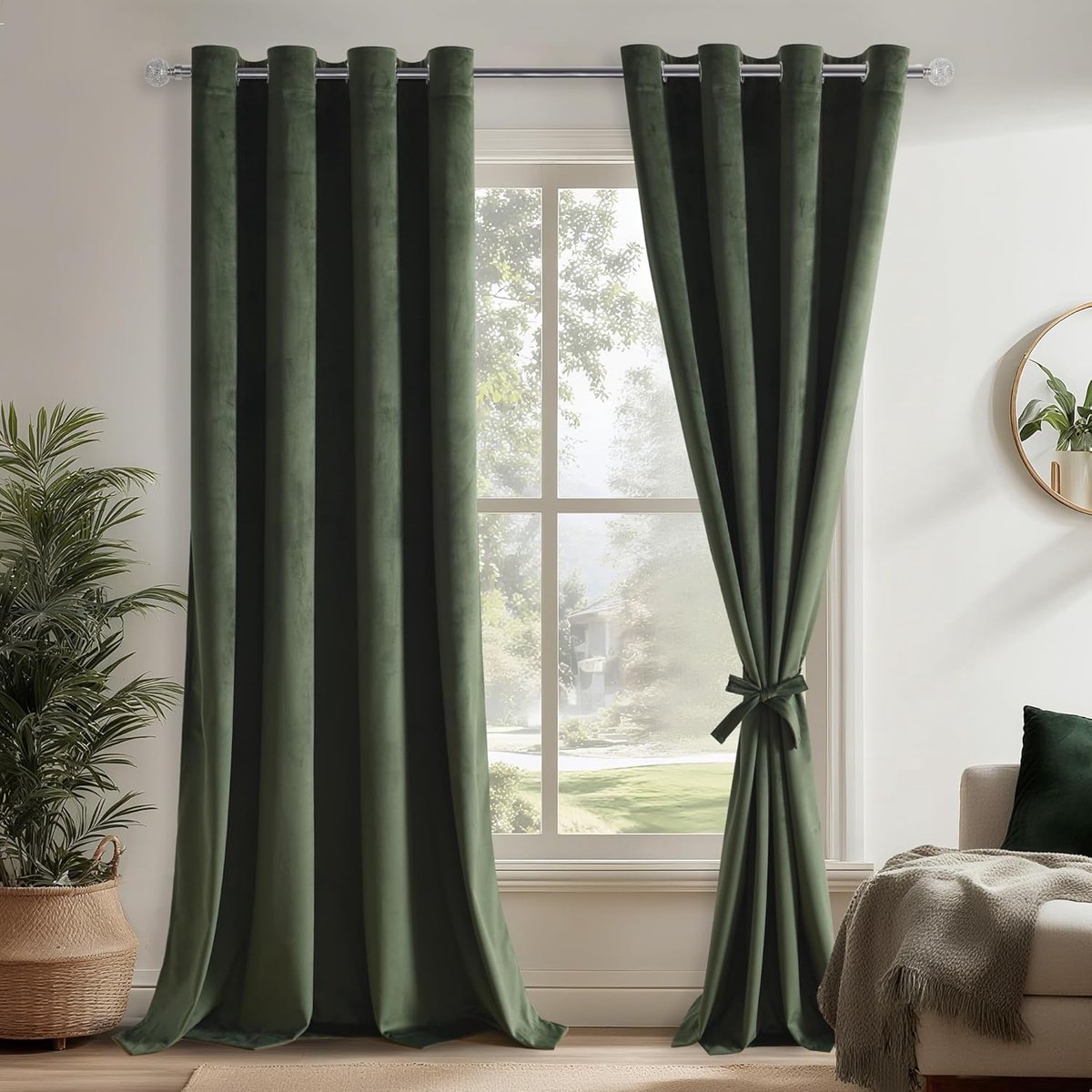 Olijfgroen fluwelen gordijn, set van 2 stuks, H 260 x B 140 cm, zachte gordijnen met oogjes met gordijnbinders voor woonkamer, moderne gordijnen, ondoorzichtige verduisteringsgordijnen