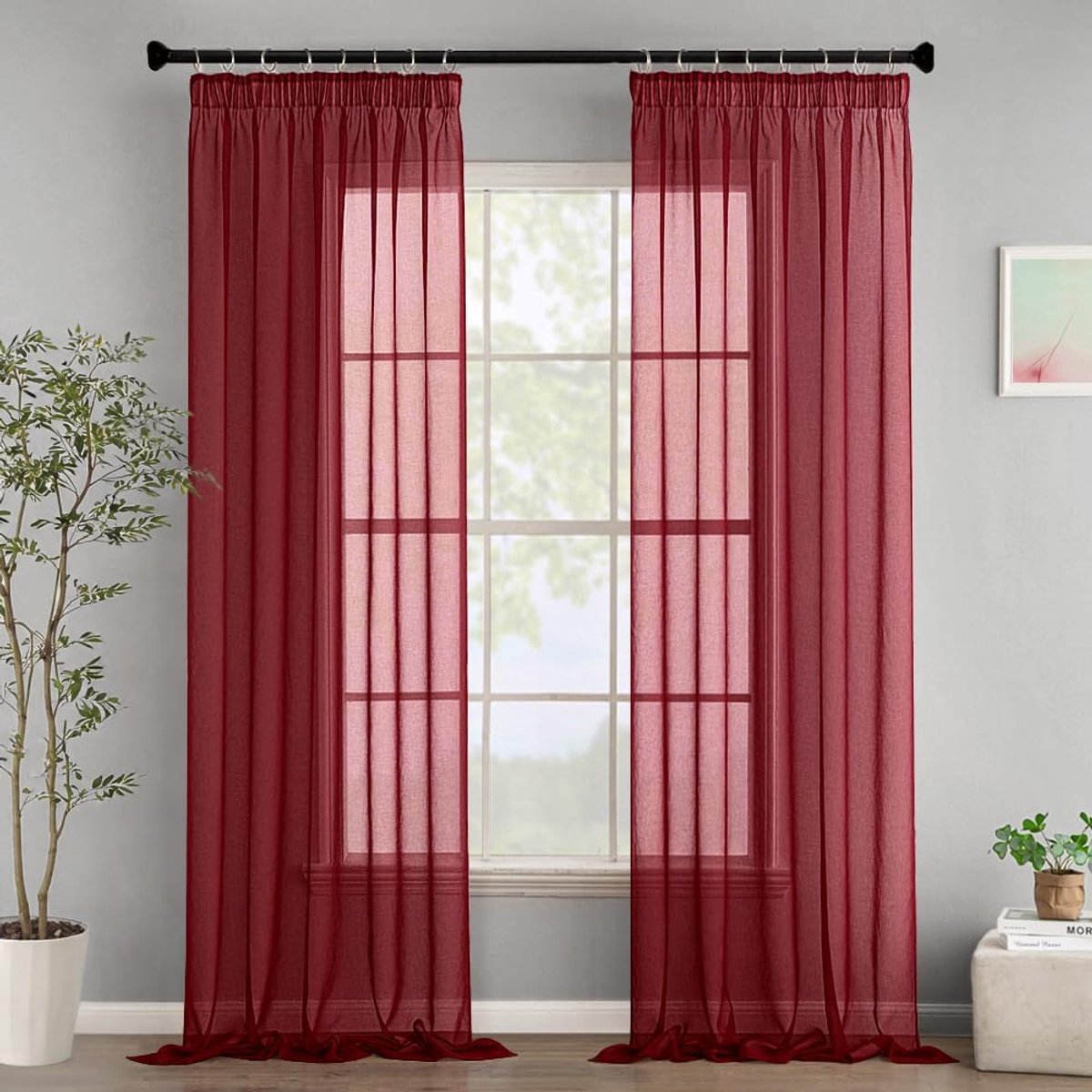transparante raamgordijnen, vitrage met plooiband, moderne decoratieve gordijnen voor slaapkamer, woonkamer, huis, set van 2, 140x225cm, bordeauxrood | Transparante, zachte gordijnen voor slaapkamer, woonkamer, 2 stuks