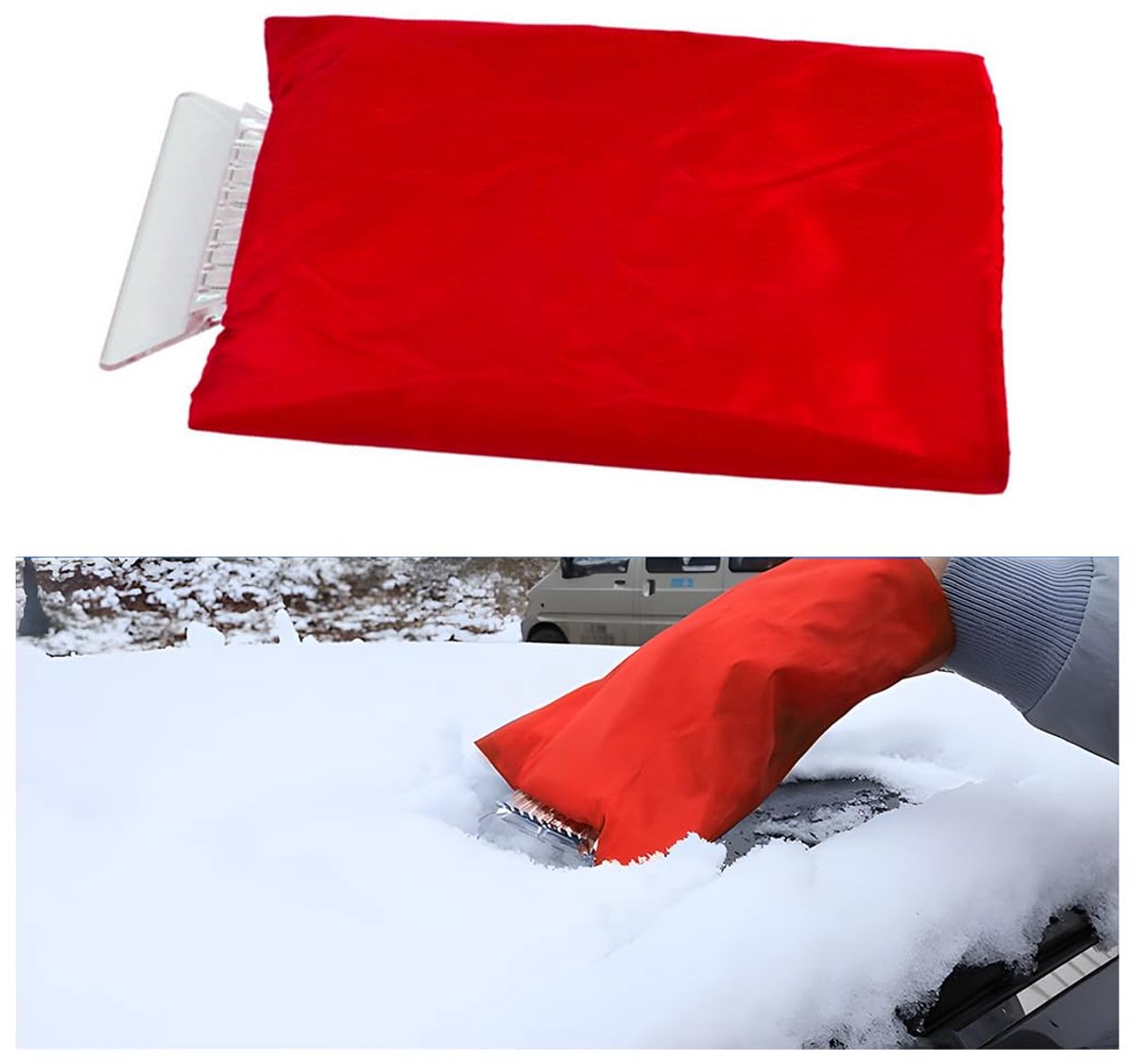 IJskrabber voor de auto met voorruithandschoen, ijskrabber voor voorruit, auto met handschoenen, raamschraper, auto, warme handschoen, ijskrabber met handschoenen, voorruit, zacht (rood)