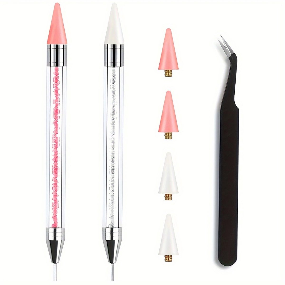 punteerstift, 2 PCS nagelpunt pen strasspicker dotting pen met 4 waskoppen en 1 pincet nagel diamantschilderij versieringsstiften voor doe-het-zelf nageldesign Roze + Wit
