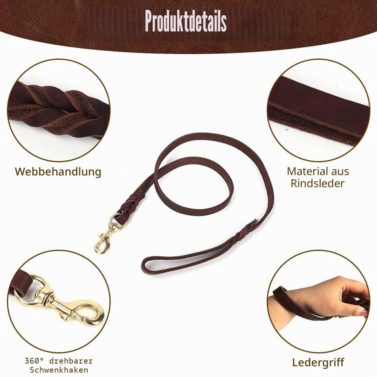 Hondenriem van leer, 1,2 m - 2,6 m, vetlederen riem voor honden, 1,2/1,8 cm breed, leren hondenriem loopriem met robuuste sluiting voor grote, middelgrote en kleine honden