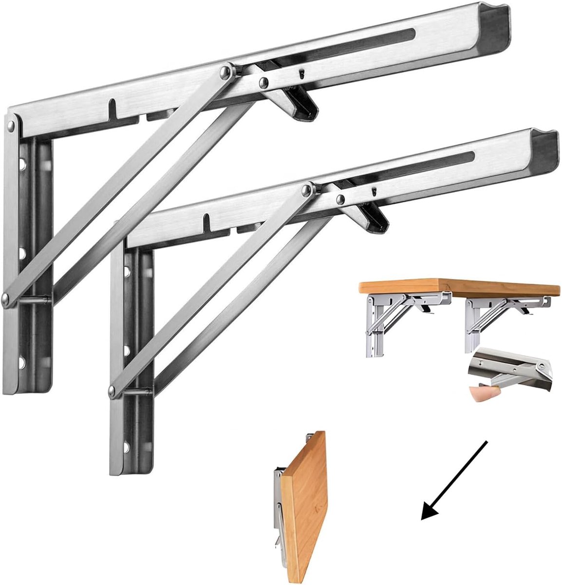 Duty 16 inch inklapbare plankbeugels 2 stuks - roestvrijstalen inklapbare steunen voor garagewerkbladen, schuren en bestelwagenverbouwingen (85 kg capaciteit)