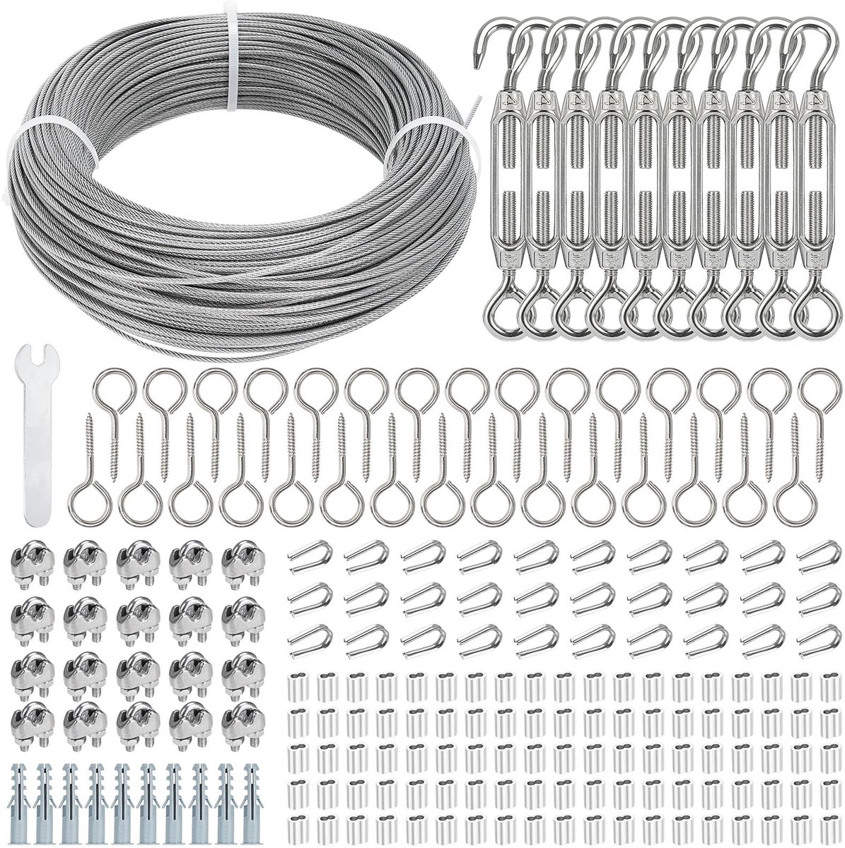 Tuindraad voor klimplanten, 100 m, 2 mm, PVC gecoate metalen draadtrellis kit met M4 roestvrij stalen gespen en kabelspanners, voor outdoor lichtsnoeren, Wisteria Trellis, tuinFence