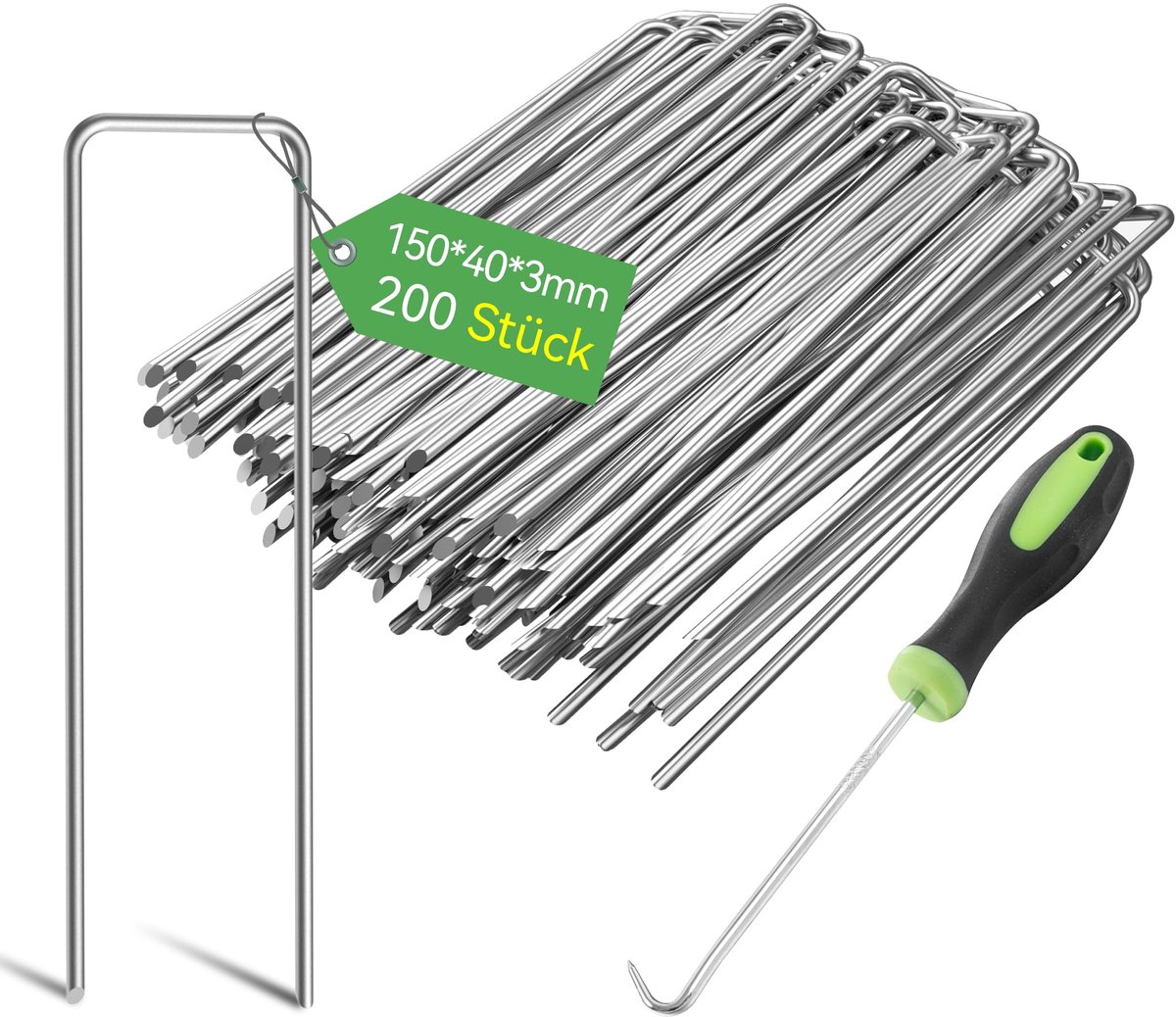 3 mm Zware Tuinnagels, Stalen Palen, Verzinkte Stalen Klemmen Voor Het Vastzetten van Onkruidvlies, Netten en Buizen met 1 Haak (15 cm, 200 Stuks)
