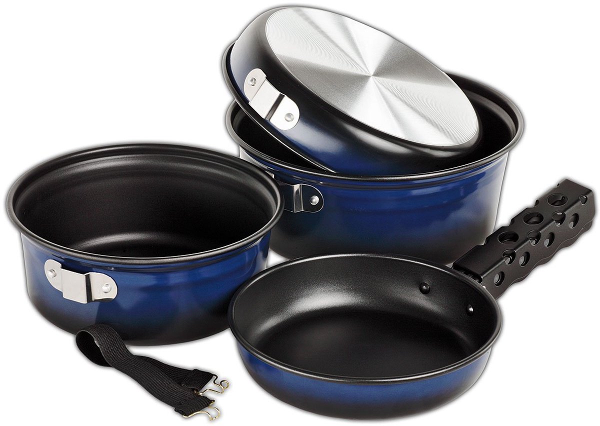 Crevice Camping kookset I Camping kookgerei van aluminium met antiaanbaklaag I Outdoor kookgerei Set I 2 Camping pannen & 2 braadpannen I Camping kookset incl. nettas