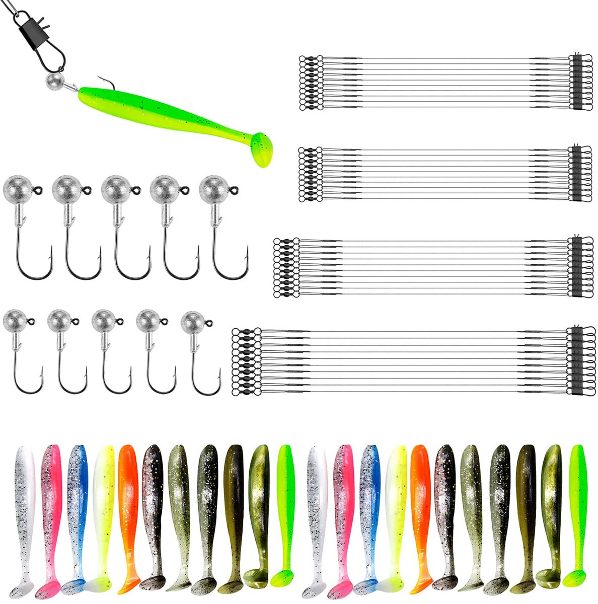 72 stuks visaccessoires 40 stuks draadsporenleiders 22 stuks kunstaas 10 stuks 2 g/3,5 g jig hoofden gemakkelijk vangen snoek kunstaas voor familie en beginners voor zeebaars, snoek forel, baars