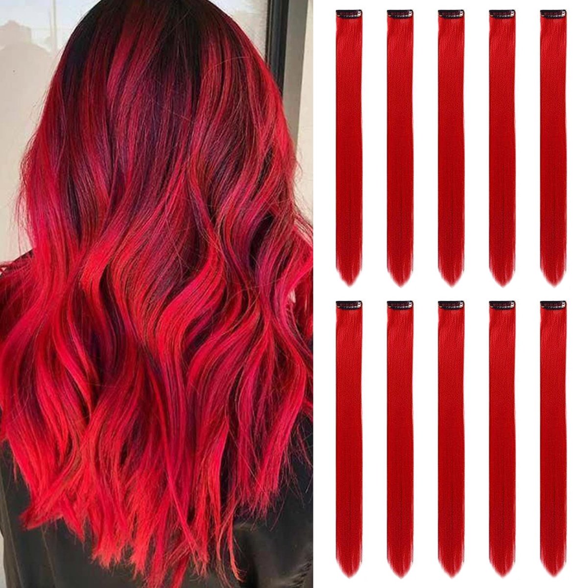 Hair Extensions Clip In voor Meisjes 22 Inch Kleurrijke Steil Hair Extensions voor Party Hoogtepunten Haaraccessoires Haarstukken voor Vrouwen (10 STKS Rood)
