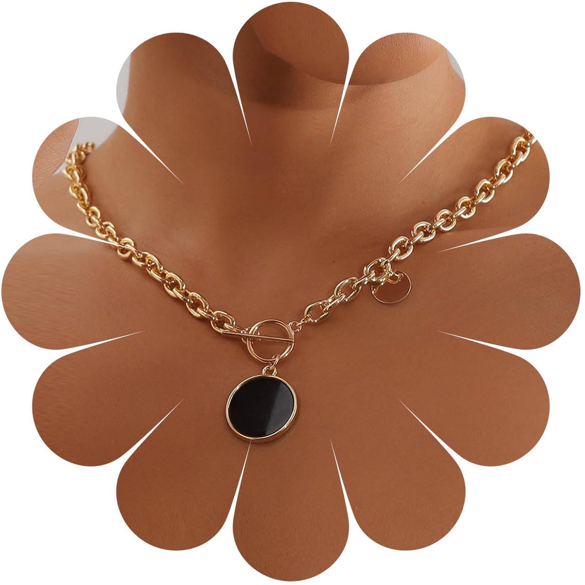 ronde onyx hanger halsketting zwarte schijf halsketting choker klovige gouden kabel ketting halsketting met knevelsluiting schijf munt halsketting sieraden voor vrouwen