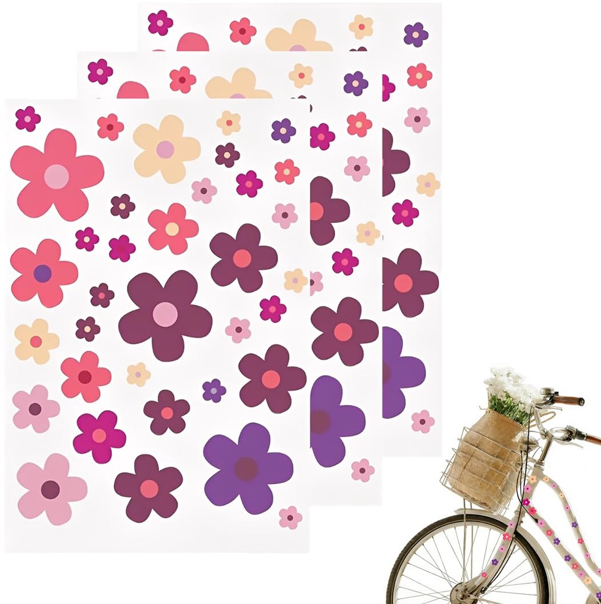 stickers, bloemen, 3 stuks, stickers voor fiets, laptop, auto, motorfiets, telefoon, notebook (zomerpaars)