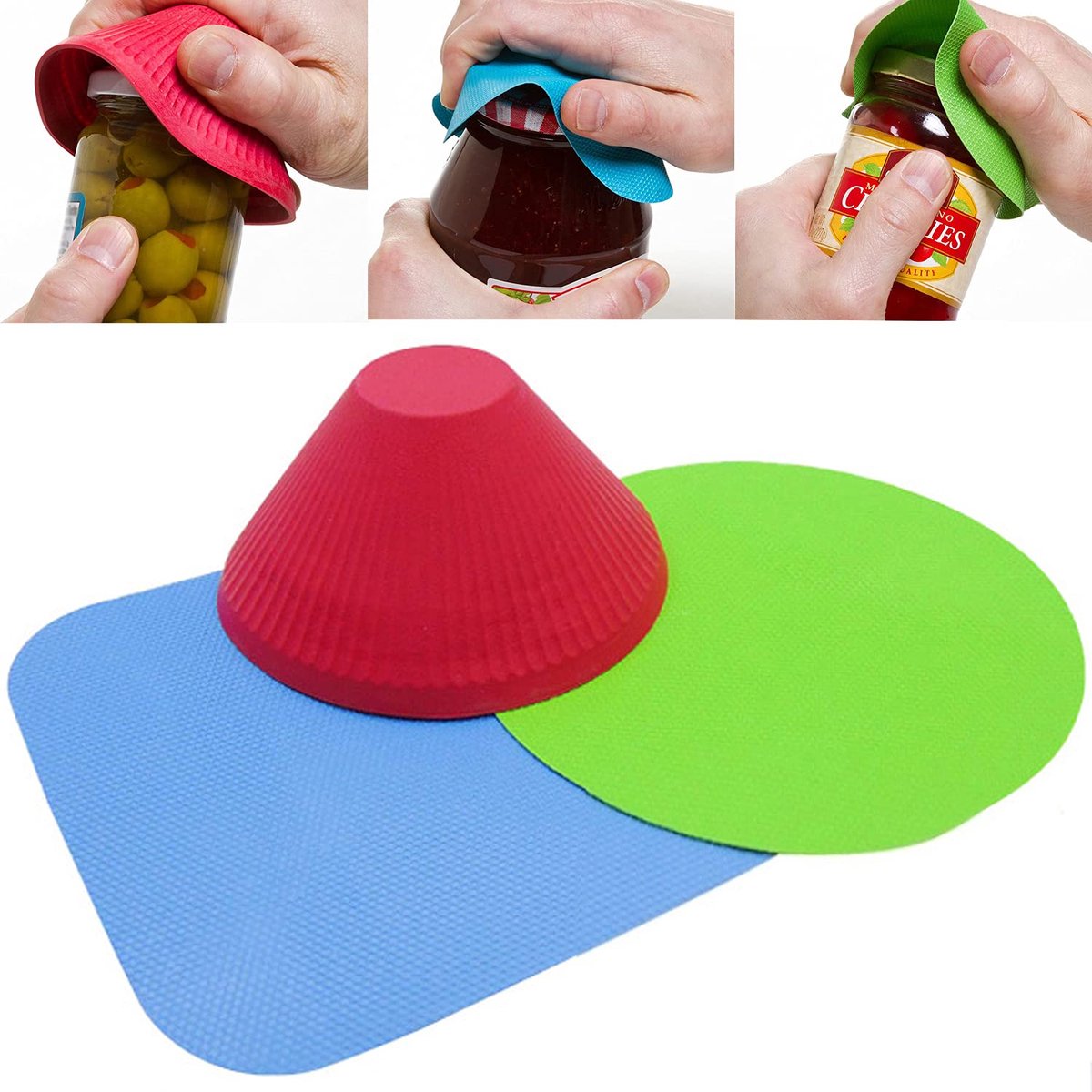 Rubberen Flesopener Set, 3 Stuks in Blauw, Groen en Rood, Herbruikbaar voor Meeste Flessen, Antislip Grip
