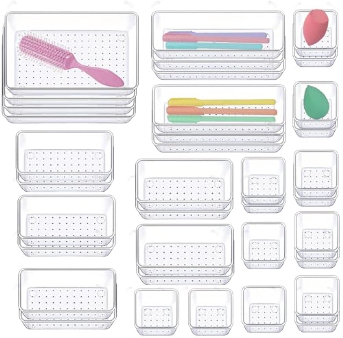 Huis Geluk Lade-organizer 36-delig, 4 maten, transparant acryl, opbergdozen voor make-up, cosmetica, keuken, badkamer en bureau