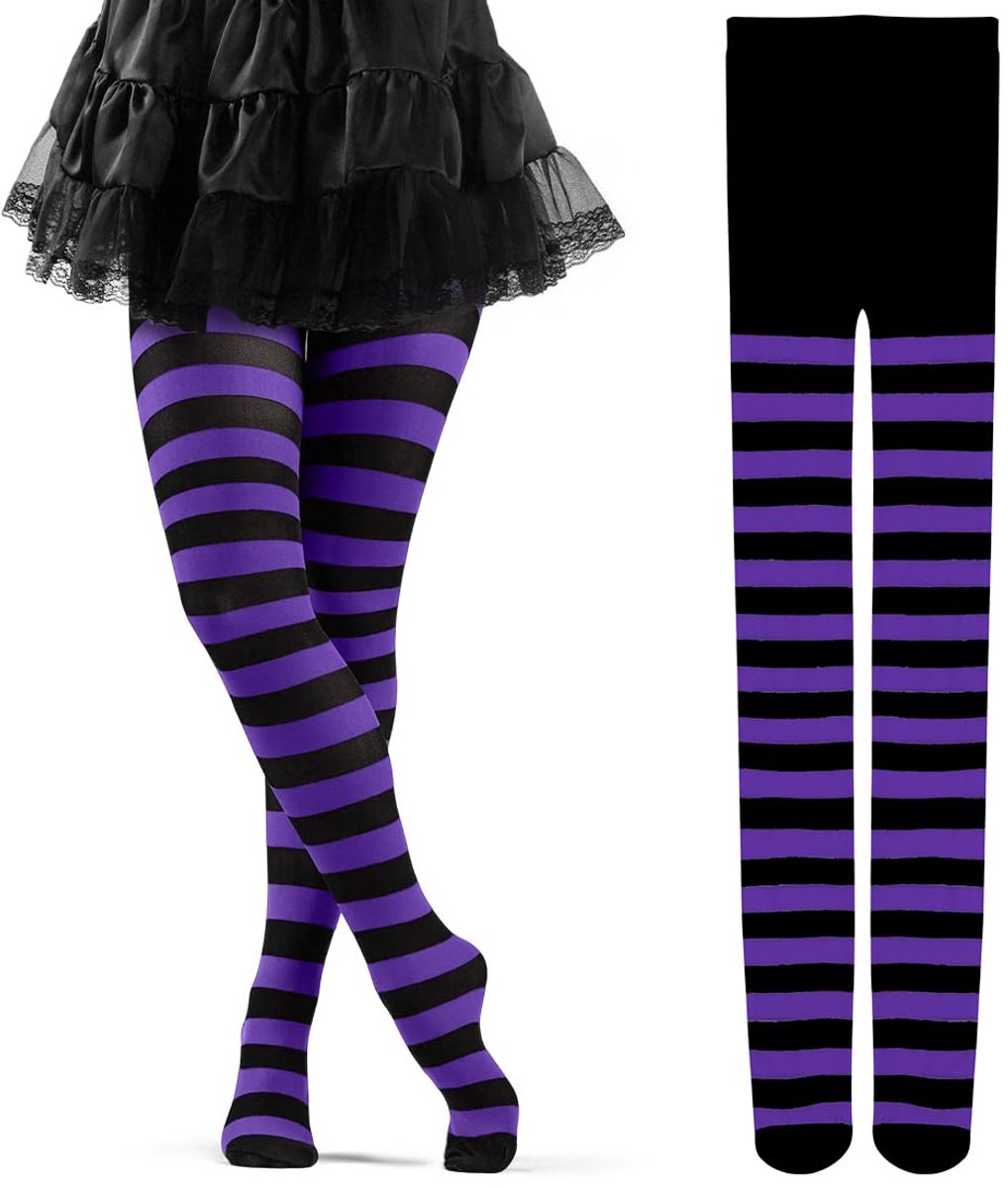 Gestreepte panty voor dames, Rringel leggings, ondoorzichtige gestreepte panty, perfect voor Halloween, carnaval of themafeesten, zwart en paars