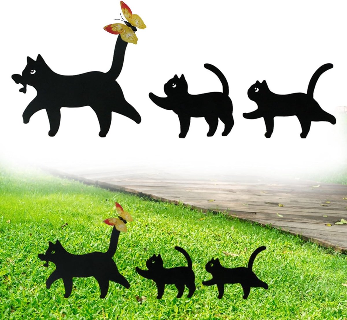 3 stuks metalen kat tuinsteker, kat gazon tuindecoratie, met vlinder, zwart silhouet beelden, voor binnenplaats, tuin, gazon, buitendecoratie. Cadeau voor kattenliefhebbers