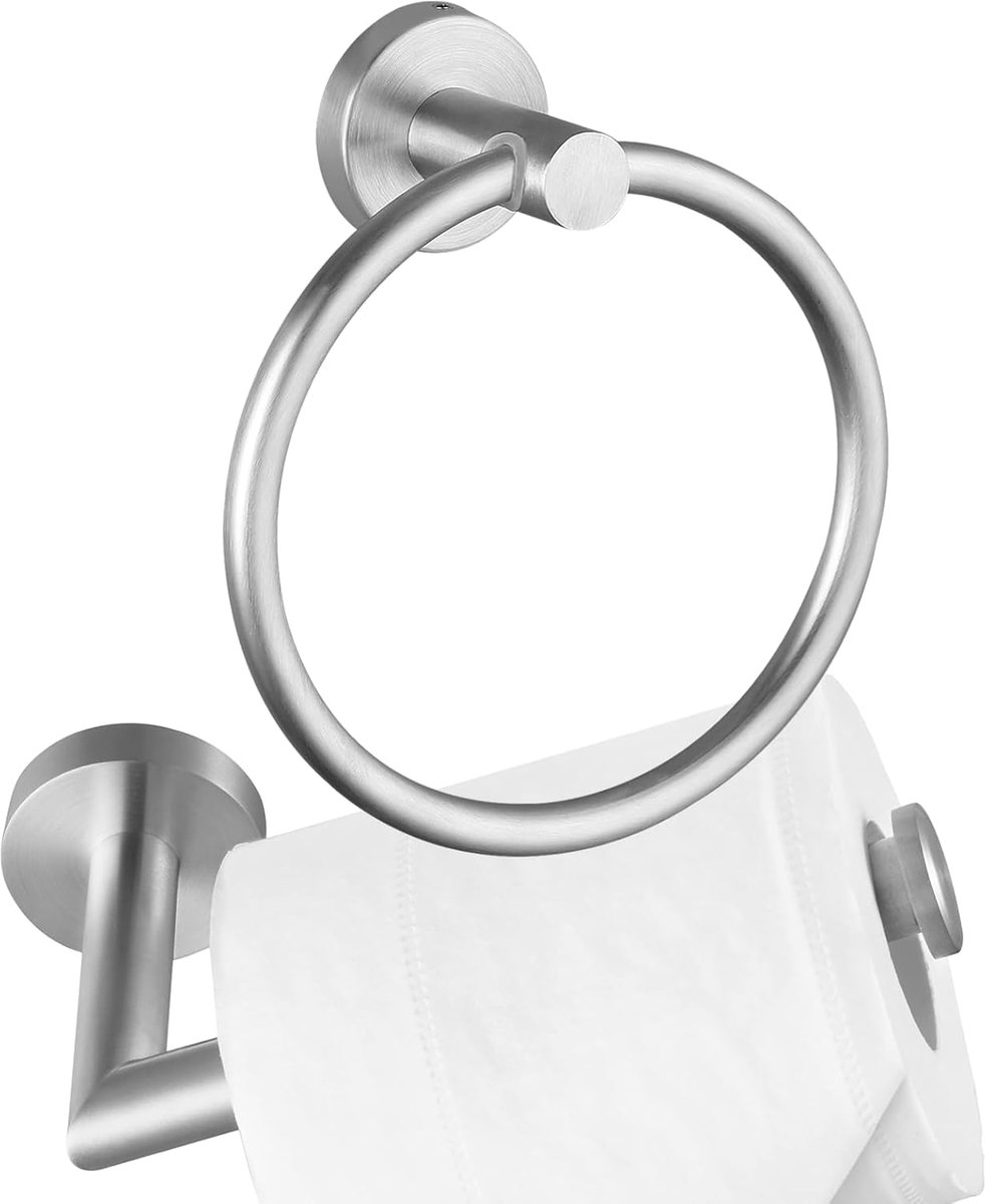 Handdoekring & toiletpapierhouder, 2-delige badkamerhardwareset, roestvrij staal SUS304, handdoekhouder & toiletpapierhouder, stabiel badkameraccessoire voor thuis of keuken, zilver