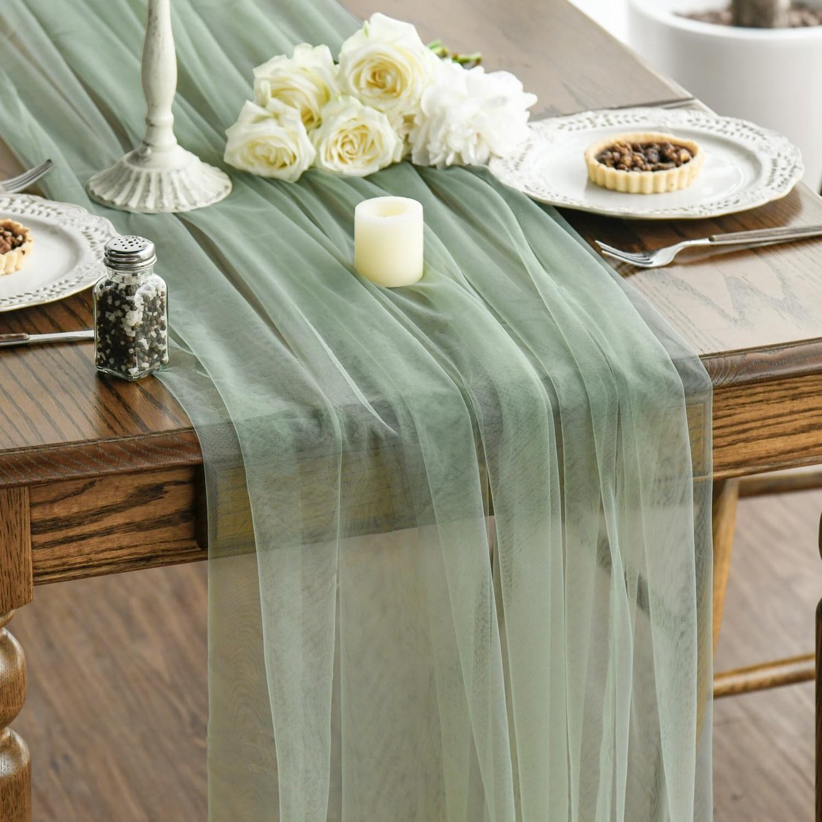 Mode Tafelband, gaas salie groen tule tafelloper 150x300 cm, lente bruiloft tafeldecoratie vakantie feest verjaardag decor