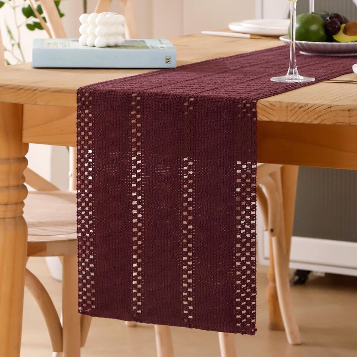 tafelloper bordeauxrood, 30 x 200 cm, bohemien, wasbaar, rustiek katoen en linnen, polyester, elegant, macramé, decoratief, woonkamer, voor bruiloften, feesten, keuken en desserts