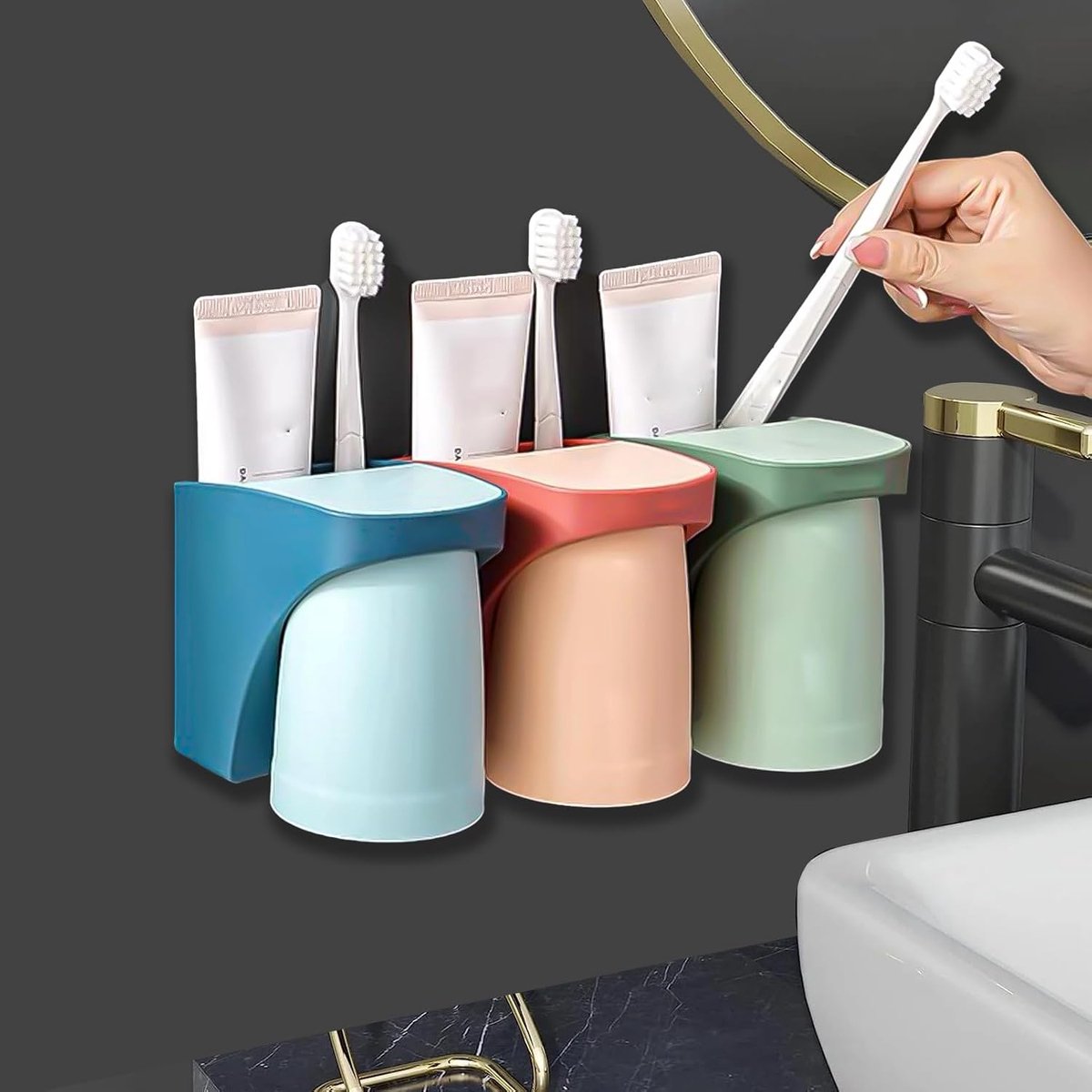 3 stuks tandenbekerhouders zonder boren: HOMURY tandenborstelhouder muur, tandenborstelhouder met magnetische beker, tandenborstelbekerset voor badkamer (rood + groen + blauw)