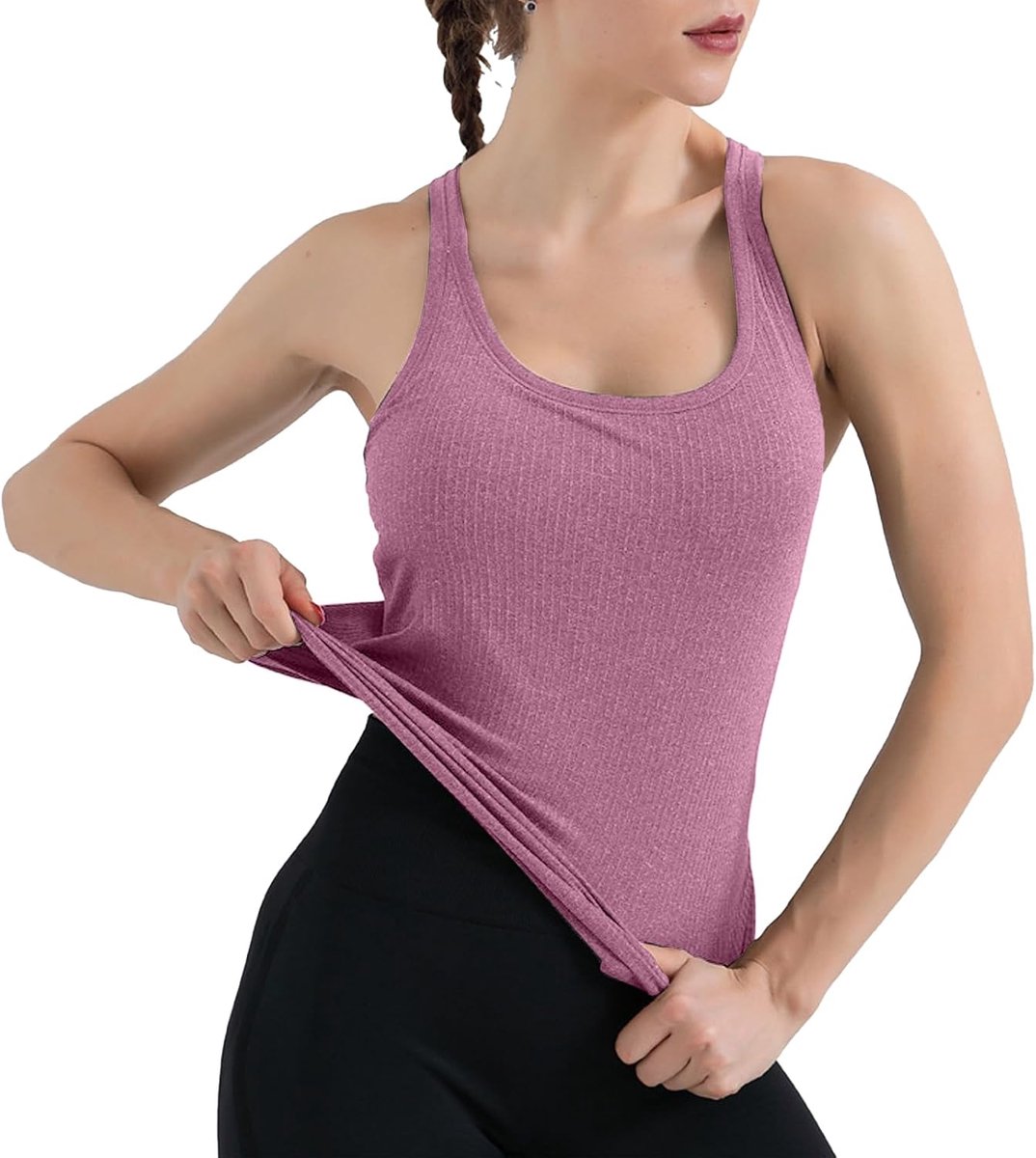 Sporttop voor dames met geïntegreerde beha zonder beugel, mouwloos geribbeld onderhemd, beha-hemd, basic, ademend, fitnessshirt, zomer, gym, bovenstuk, workout, tanktop, yogashirt