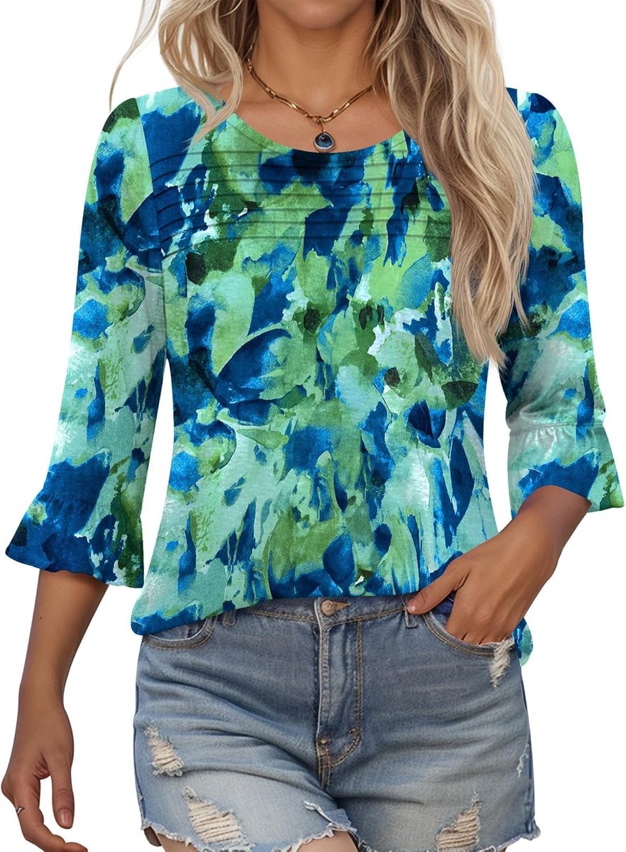 Dames 3/4 mouw Tops 2026 Zomer Tuniek Shirts Casual Dressy Ronde Hals Top Gedrukt Geplooide Blouses