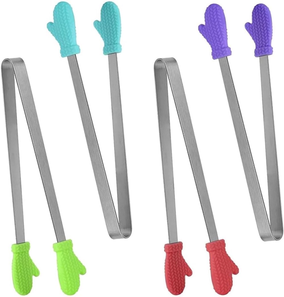 4 stuks mini-ijstang van siliconen, 12,5 cm, mini-handvorm, keukentang, antislip, van roestvrij staal, siliconen, voor het bewaren van barbecue, salades, desserts