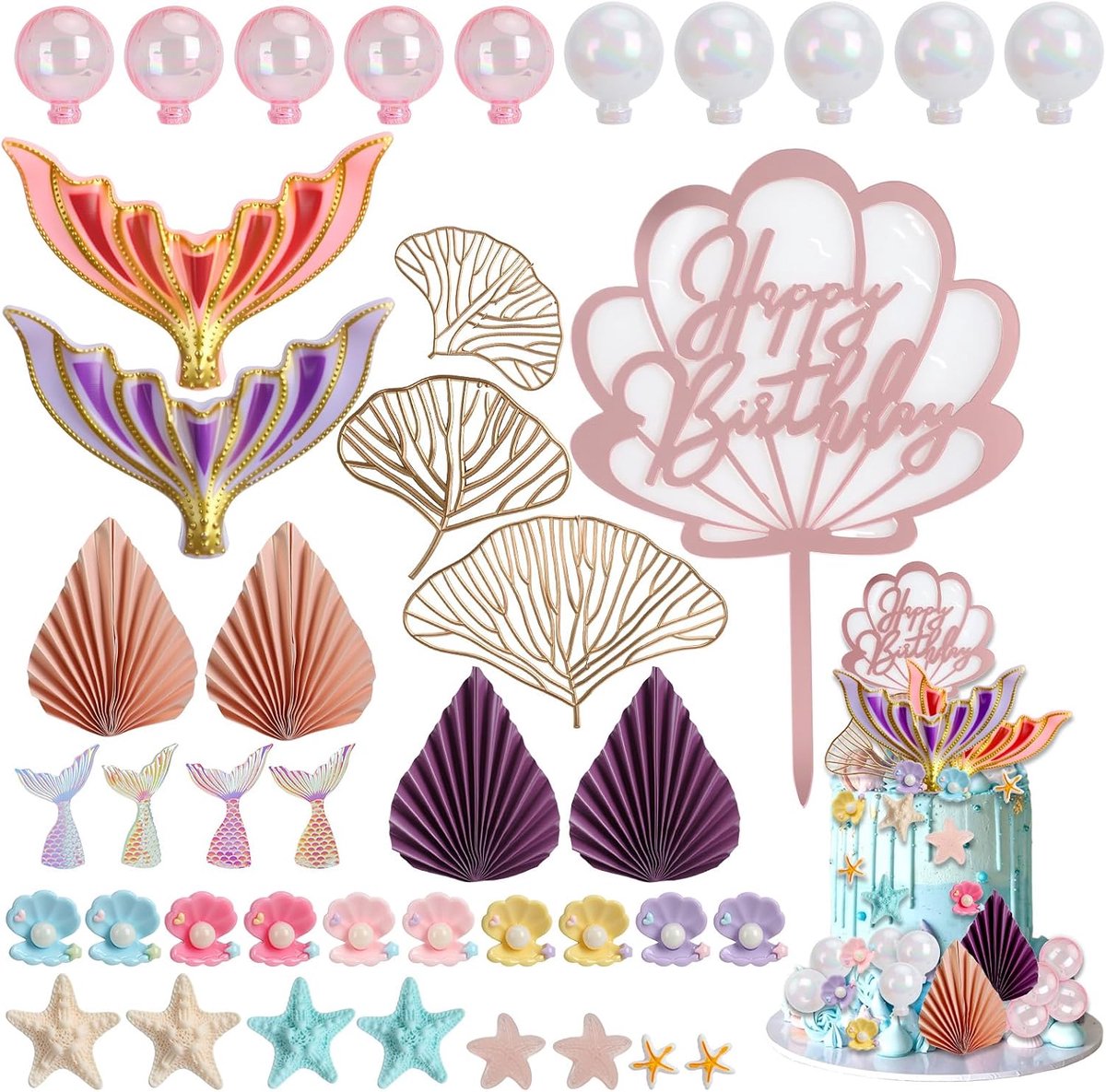 42 stuks zeemeermin-taartdecoratie, staart, verjaardag, schelpen, zeesterren, taarttoppers, meisjes-thema feest