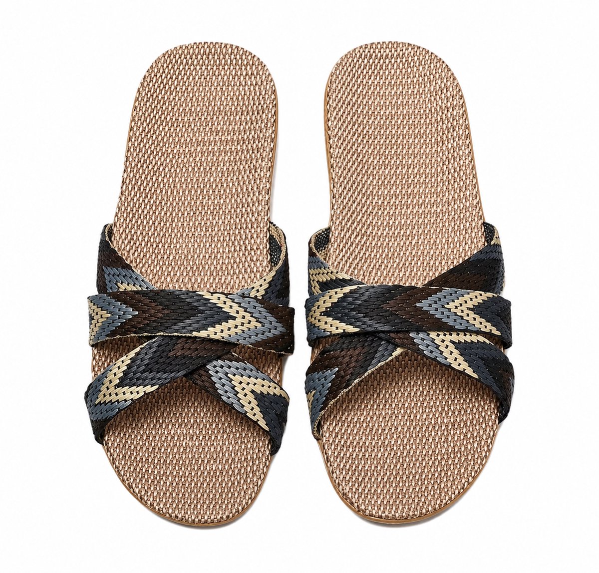 Zwarte dames pantoffels linnen instap slippers bohemian kruislings geweven banden open teen huis slippers zomer slippers maat 40