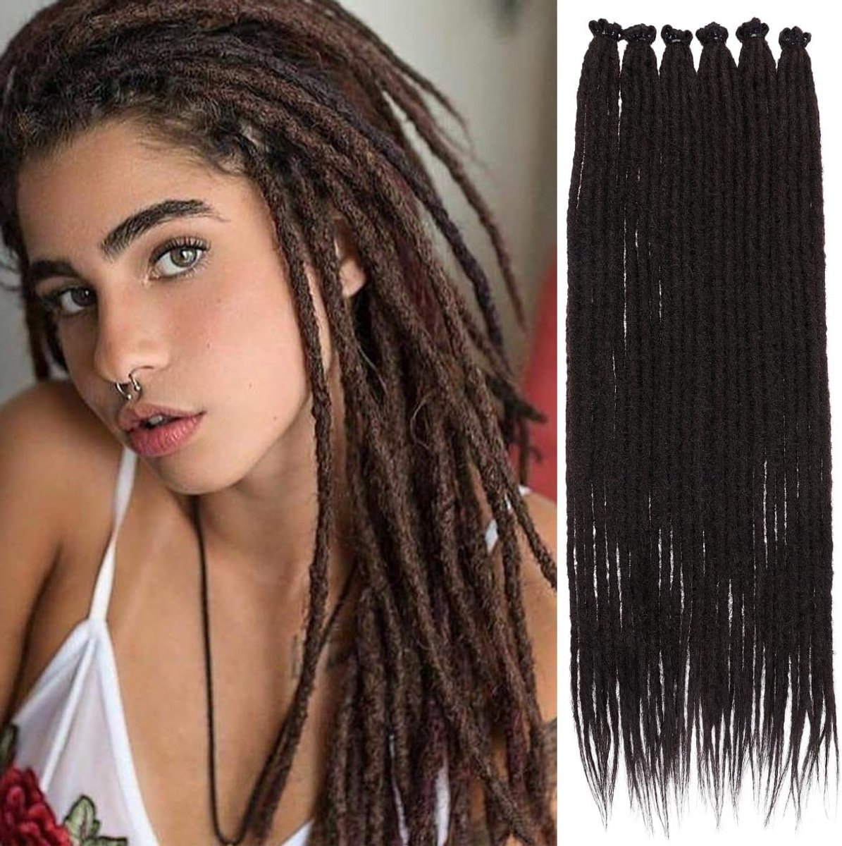 45,7 centimeter Dreadlock-extensie 20 strengen Chocoladebruin Zachte Dreads Haarextensies 1,5 centimeter Breedte Synthetische Dunne Dreadlock Extensies Hippie Dreads /4#