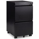 COSTWAY Rolcontainer afsluitbaar van metaal, archiefkast onder bureau, bureaucontainer met 2 laden & hangmappen voor documenten, metalen kast met 5 wielen, 44 x 37 x 67 cm (zwart)