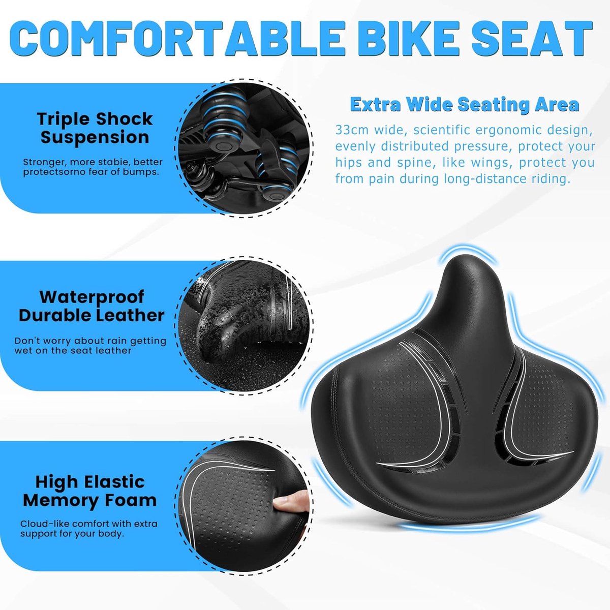 Extra Groot Fietszadel voor Heren en Dames, Comfortabel, Zacht, Ergonomisch, Gewatteerd Fietsstoeltje, Universeel Reservefietszadel voor Mountainbike, Stadsfiets, E-Bike, Hometrainer