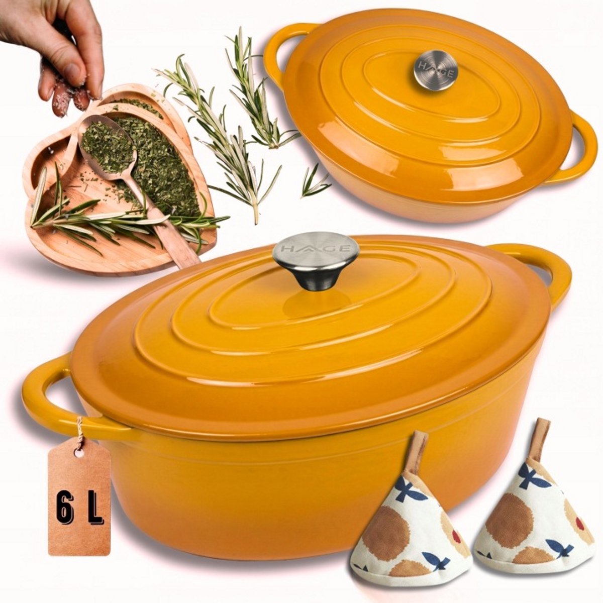 Hage - Gietijzeren Braadpan - Braadpan - Cast Iron Casserole met Deksel - Geëmailleerd - Geschikt voor Inductie & Oven - 6 Liter - 34 x 26 x 18 cm - Mosterdgeel