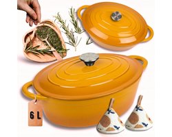 Hage - Gietijzeren Braadpan - Braadpan - Kookpan - Stoofpan - Stoofpan met Deksel - Geëmailleerd - Geschikt voor Inductie & Dutch Oven - 6 Liters - 34 x 26 x 18 cm - Mosterdgeel