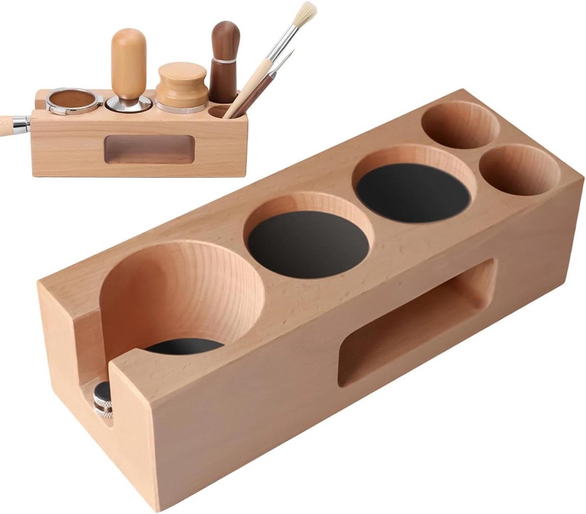 Espresso Aanstamp Station - Houten Opbergsysteem - Koffie Bereiden - Vijf Vakken - 58 mm - Houtkleur