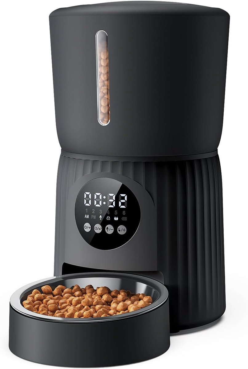 Voederautomaat voor katten, 4 liter kattenvoerautomaat, voederdispenser voor katten met 1-6 maaltijden per dag, portiecontrole, 10 seconden taal, langzaam voeden (zwart)