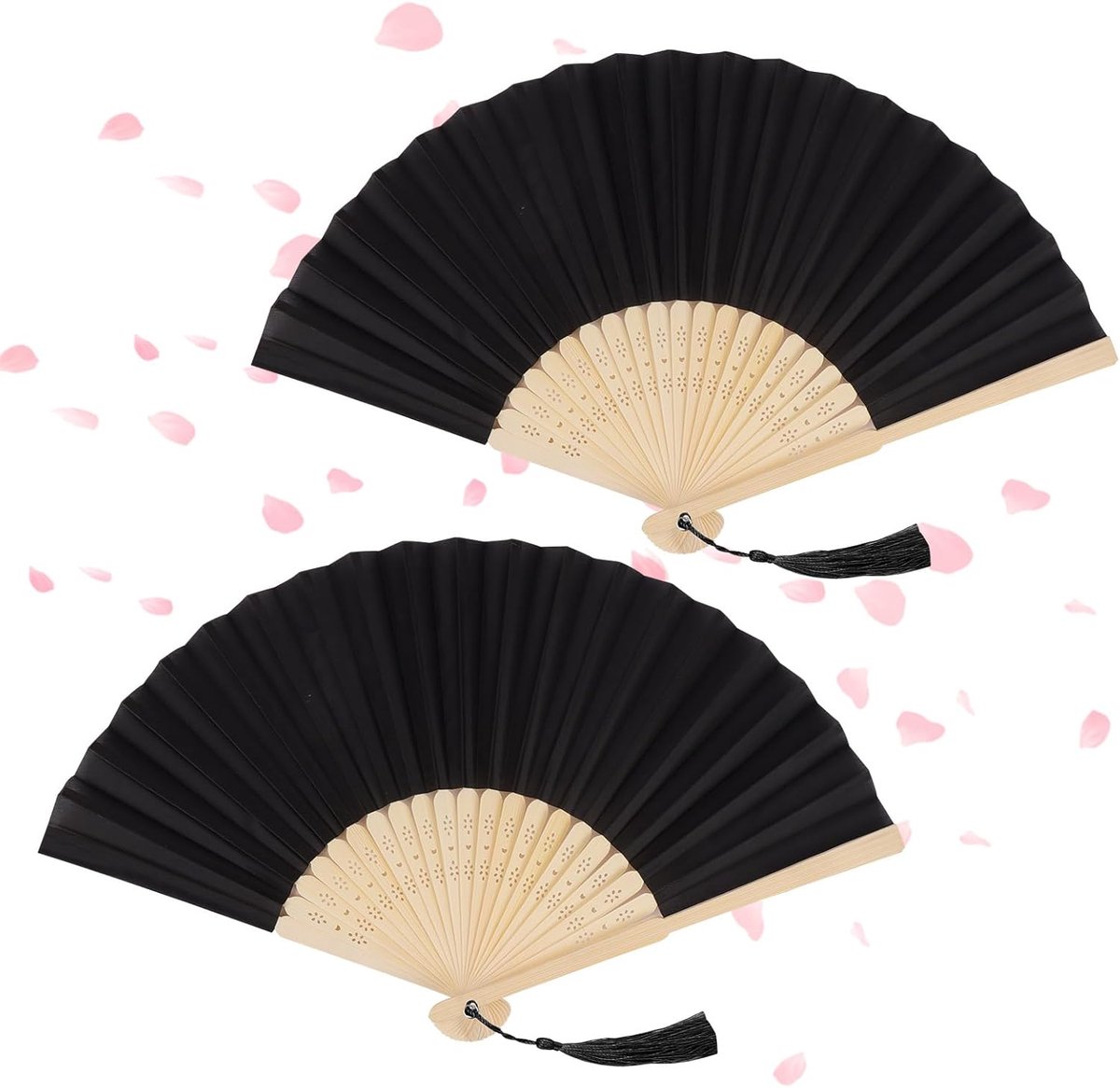 Handwaaier, opvouwbare waaier voor afkoeling in de zomer, bamboe waaier met kwastje, Chinese handwaaier voor verjaardagscadeaus, dansen, cosplay, rekwisieten, decoratie, zwart, 2