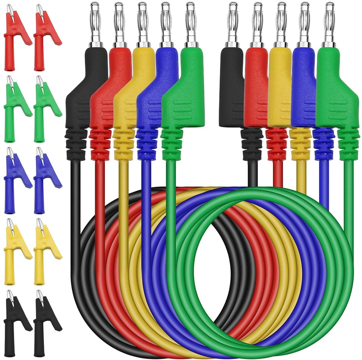 Testkabels voor multimeter, 4 mm, kabel met banaanstekker in 5 kleuren, 10 geïsoleerde krokodillenklemmen, testpuntenset voor het meten van ampèremeters van kabels