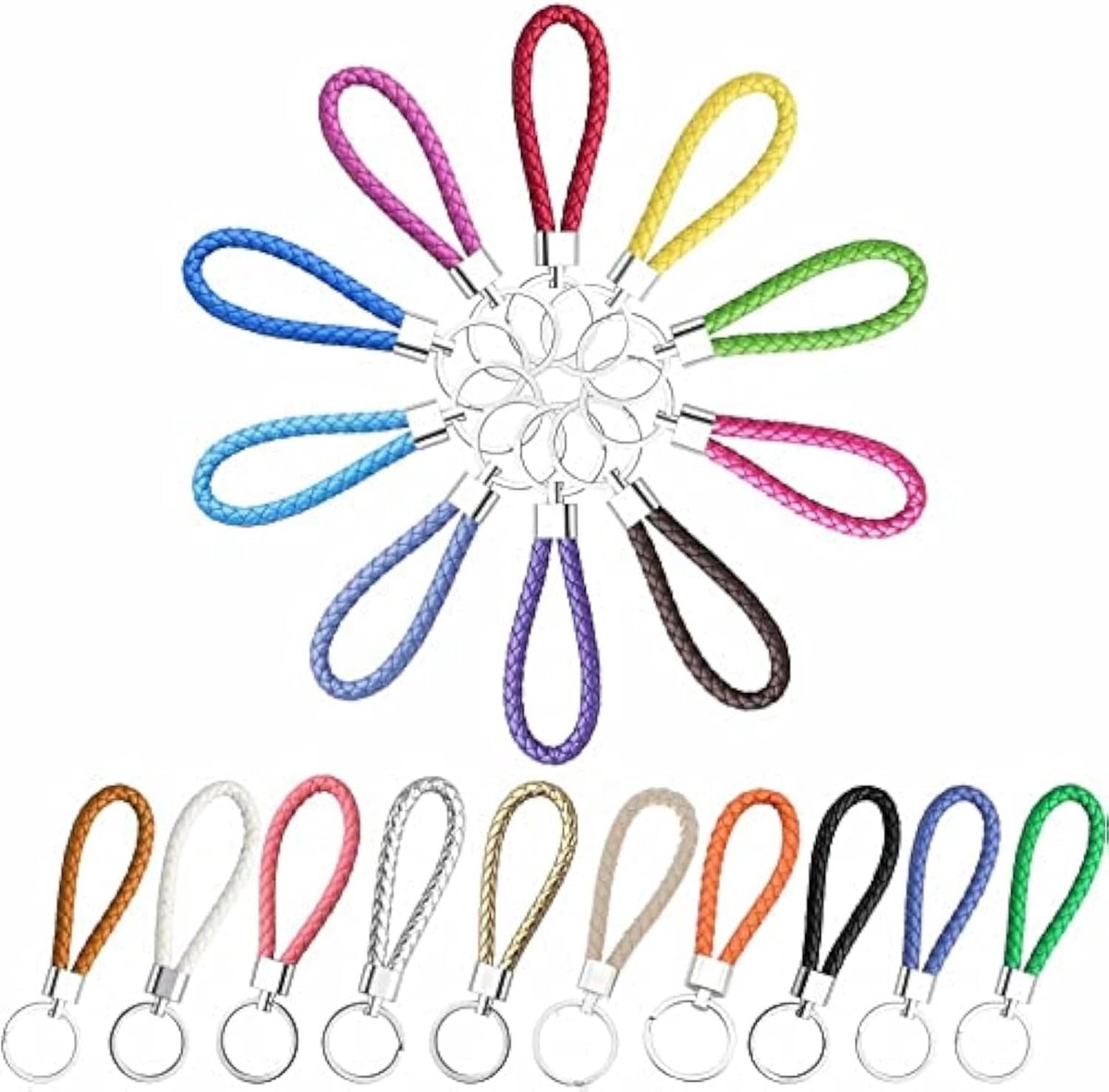 20 stuks gevlochten leren sleutelhangers, lus, kunstlederen band, touw, draagbaar, handgemaakt, metaal, weave sleutelhanger, uniseks, voor dames en heren, 20 kleuren, Meerkleurig, 12.5