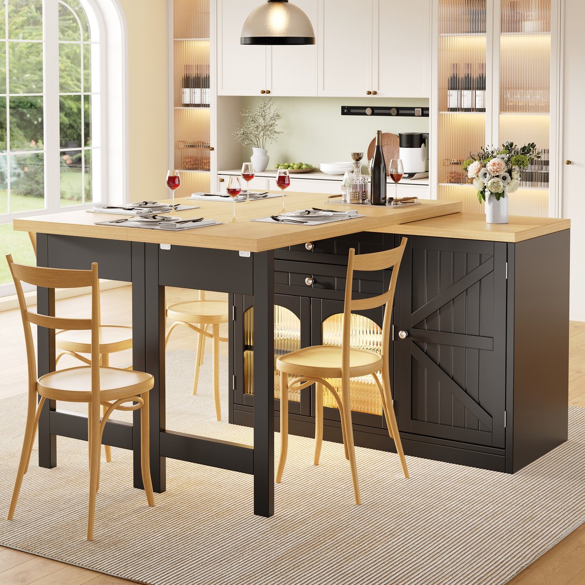 COVREO Uitschuifbare eettafel 120-194 cm zwart, MDF en metaal met opbergruimte
