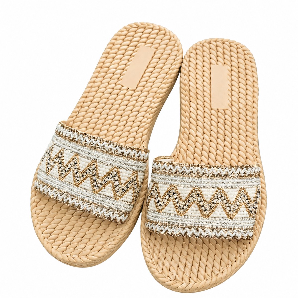 Beige dames slippers instap sandalen platte slippers open teen dikke zool bohemian geborduurde band casual zomer slippers antislip maat 37