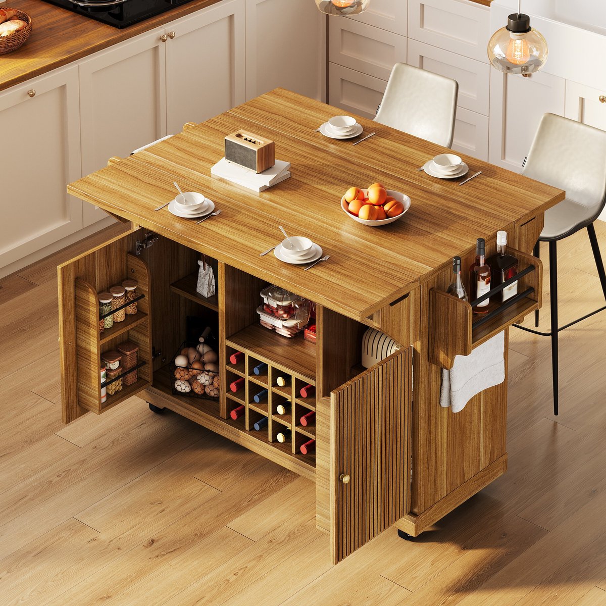 COVREO Keukenwagen 142,5 x 80 x 95 cm, donkerbruin, MDF, uitklapbaar