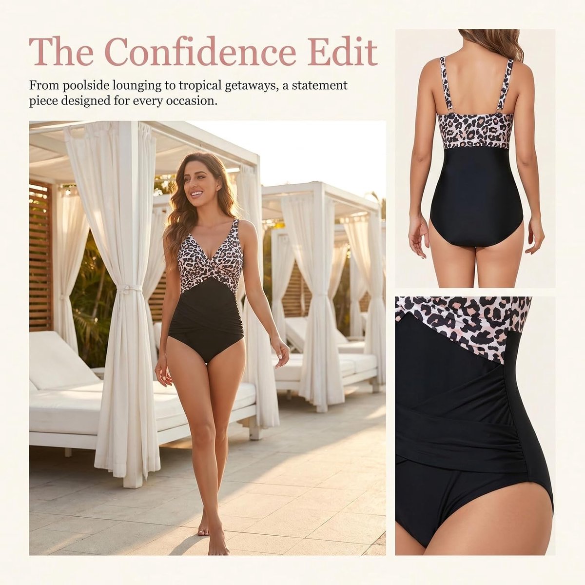 Badpak voor dames, buikweg, sexy V-hals, eendelige badmode, zwart, luipaardpatroon, plooien, push-up, monokini, voor strand en zwembad