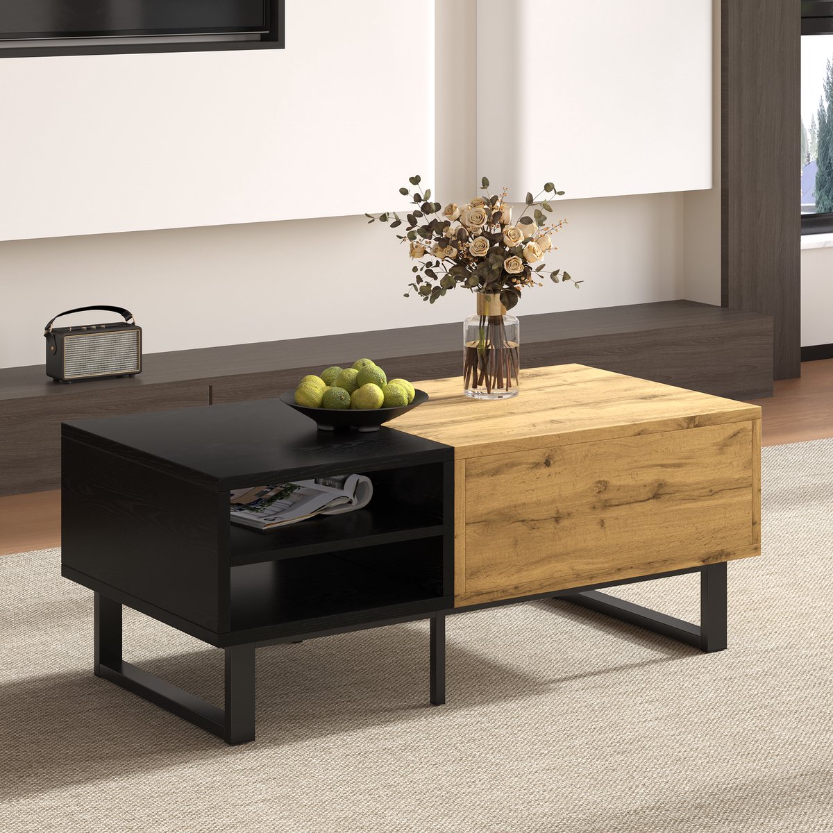 COVREO Salontafel 100 x 50 x 40 cm zwart en hout, spaanplaat, met lade