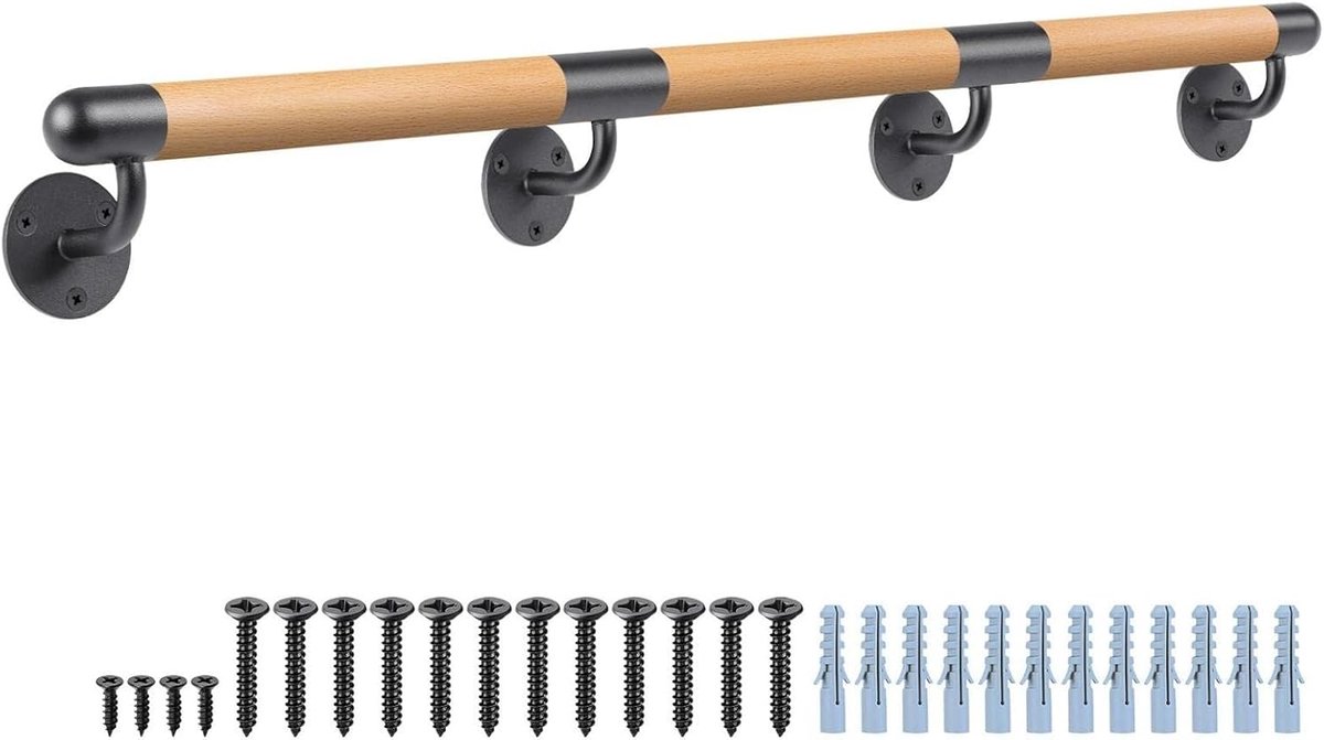 Houten Leuning, 300cm Trap Handrail Indoor Leuning Leuning met Fittingen 3,8 cm Ronde Wandgemonteerde Trap Balustrade Outdoor Veiligheid Grab Bar voor Jonger/Oudere/Gehandicapten