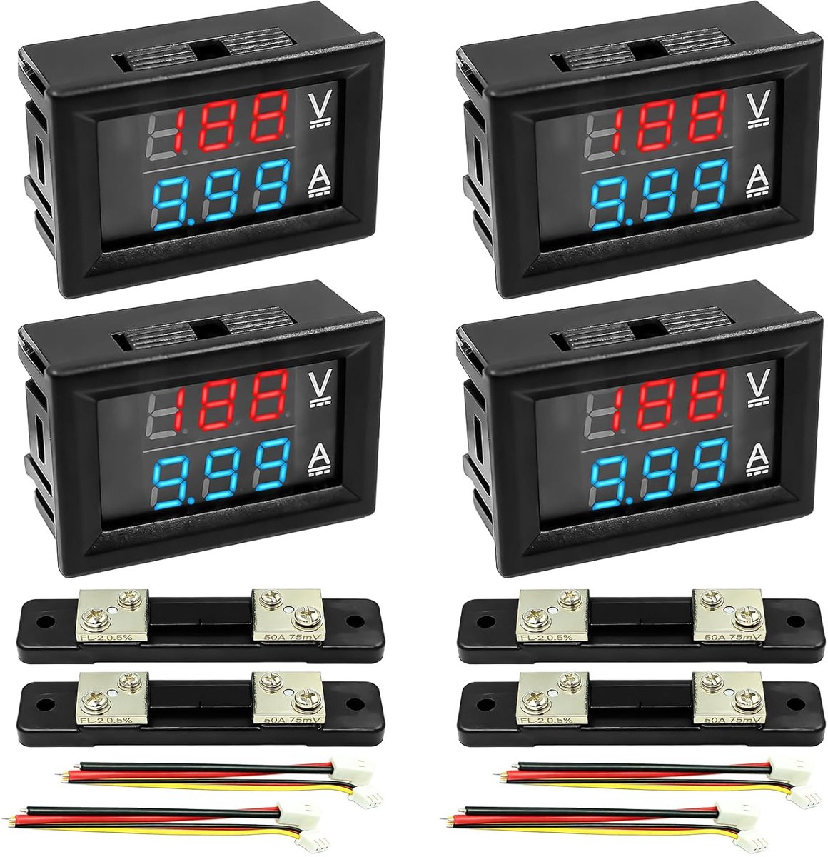 4 stuks digitaal LED voltmeter 0,28" ampèremeter, DC 0-100 V 50 A V ampèremeter met zijplaat, LED dubbele kleurindicator, rode en blauwe spanningsdetector, ampèremeter, multimeter, meter