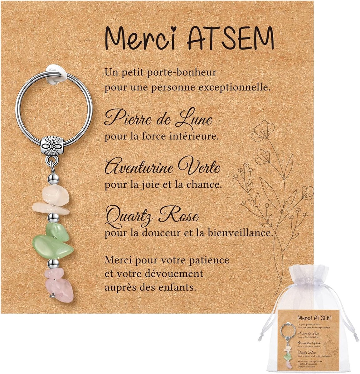 Cadeauset voor ATSEM als Bedankje Sleutelhanger van Natuursteen Bedankkaart Witte Organza Zak Afscheidscadeau Pensioen Verjaardag Vrouw Opvoedster Einde Schooljaar