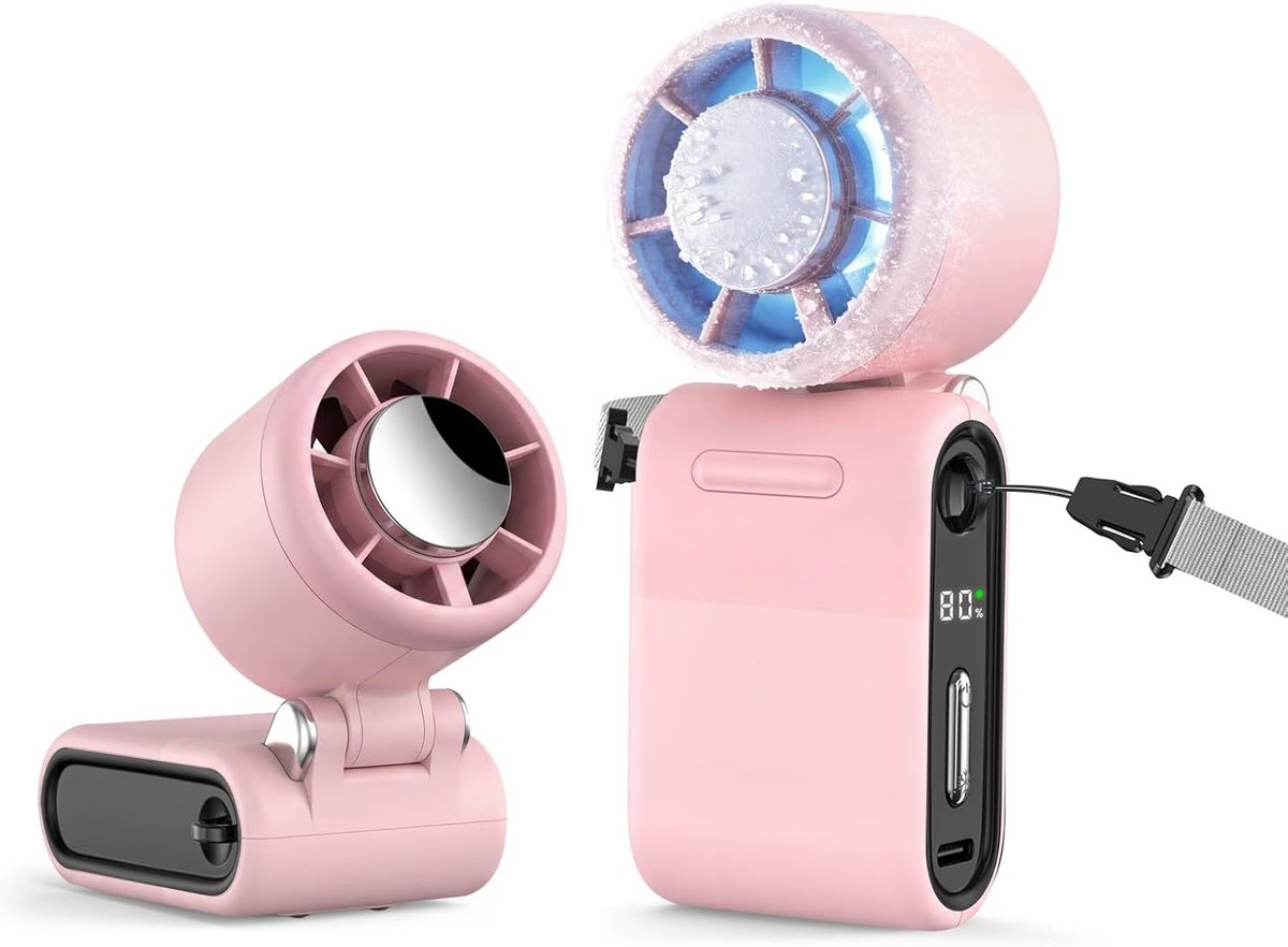 Draagbare Handventilator met IJskoeling, 3-in-1 Oplaadbare Persoonlijke Zakventilator met LED-display, Tot 10 Uur Verkoeling, 1-100 Traploze Snelheid voor Reizen Buiten Kamperen (Roze)