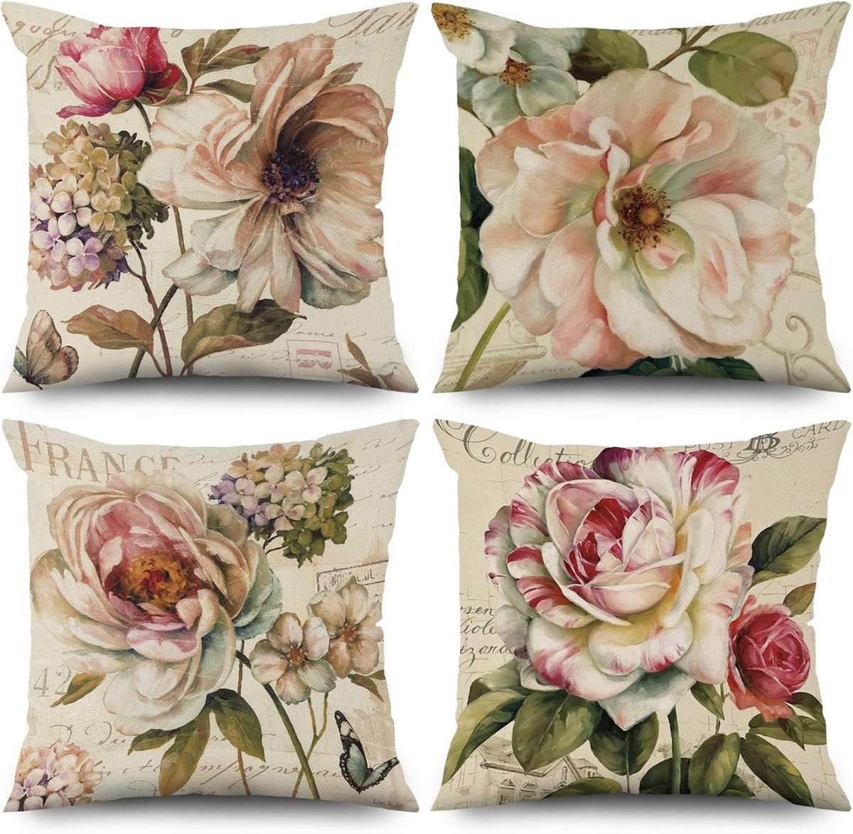 Kussensloop 40x40 cm Set van 4 - Retro Roze Bloem Beige - Wasbaar Polyester - Perfect voor stijlvolle decoratie - ShopVlot